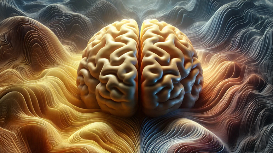 3D Illustration of brain on yellow and grey rippled background